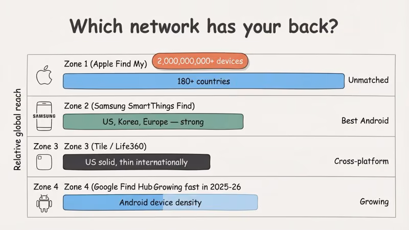 Network coverage comparison across Apple Find My, SmartThings Find, and Google Find Hub
