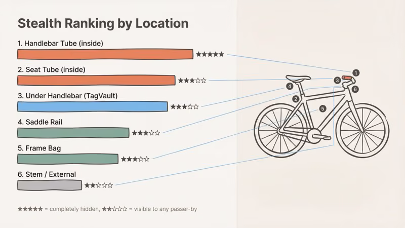 Stealth ranking chart of AirTag hiding spots on a bicycle