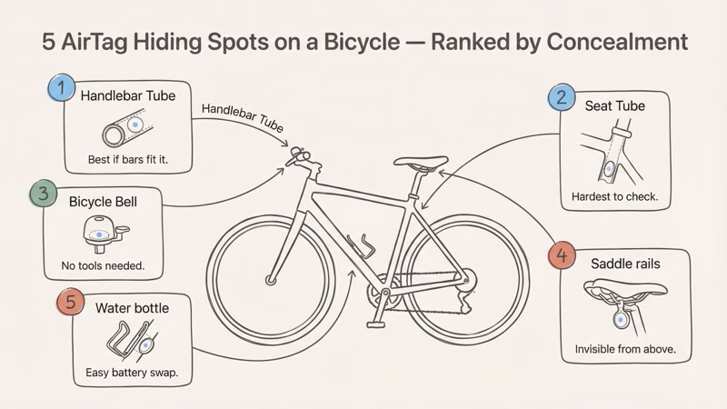 Best AirTag hiding spots on a bicycle ranked by concealment level