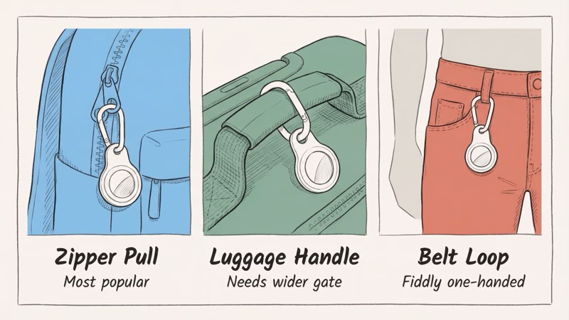 Best attachment spots for clipping an AirTag carabiner on bags, keys, and gear