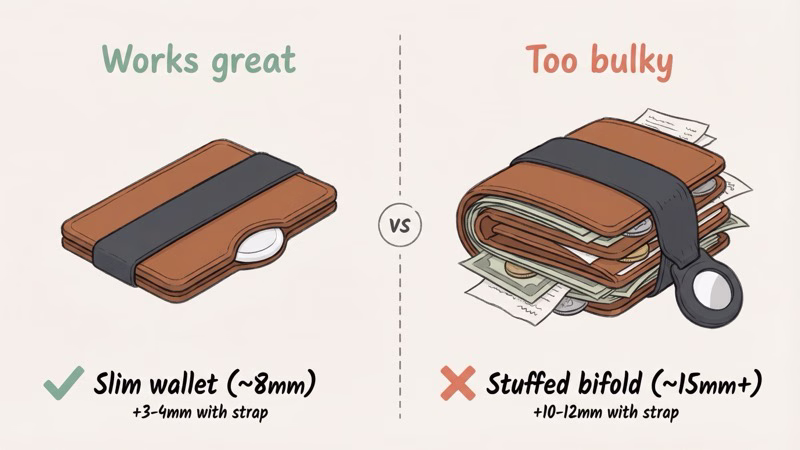 AirTag cash strap comparison on slim versus thick wallets showing bulk difference