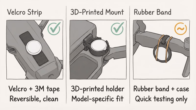 AirTag drone mounting methods including Velcro, 3D-printed holder, and rubber band