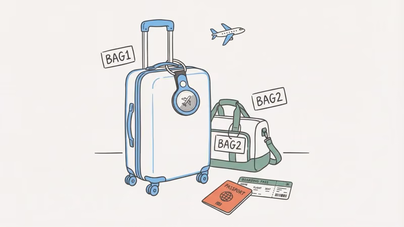 AirTag travel engraving ideas with airplane emoji and numbered bag system