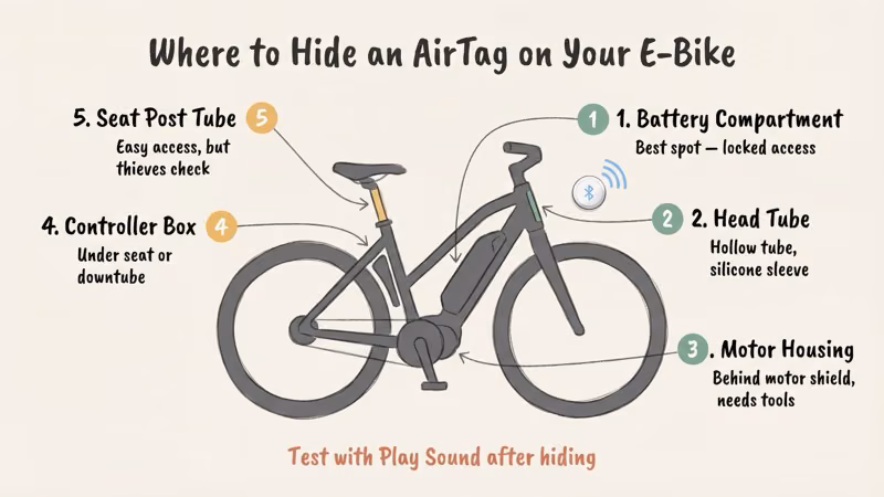 Best AirTag hiding spots on an e-bike including battery compartment and head tube