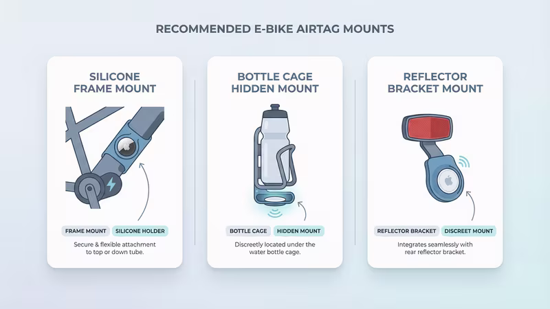 E-bike AirTag mount options compared by concealment, signal strength, and battery access