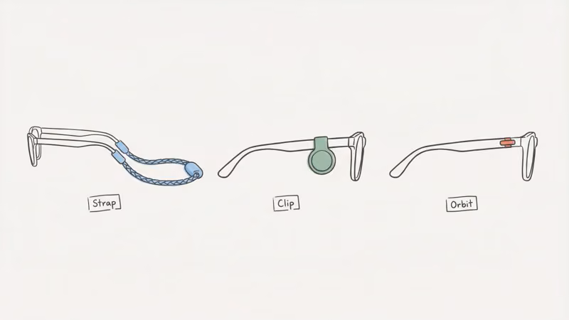 Three frame-mount tracking options compared: strap with AirTag capsule, clip-on mount, and Orbit tracker