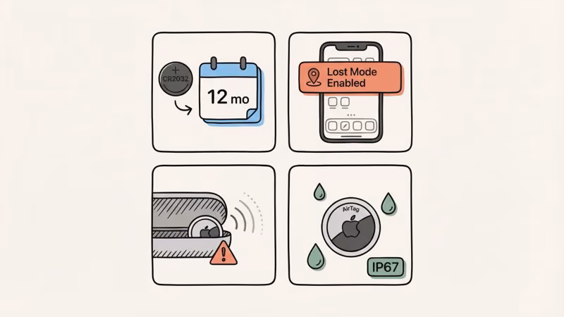 Four-tile icon grid showing battery life, Lost Mode, metal case signal warning, and IP67 water resistance