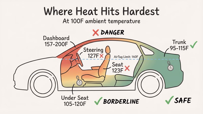 Car interior heat zones showing temperature ranges from dashboard to trunk