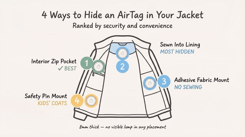 Four AirTag placement options in a jacket including zippered pocket and sewn-in lining