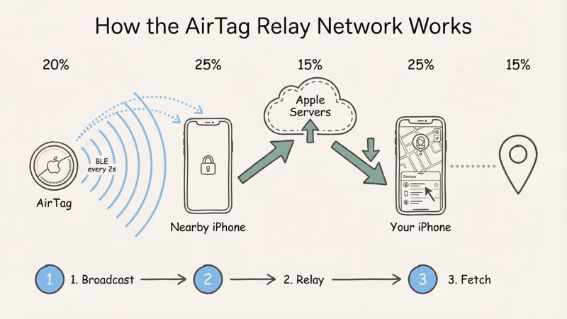 Diagram showing how AirTag Bluetooth signal relays through nearby iPhones to Find My