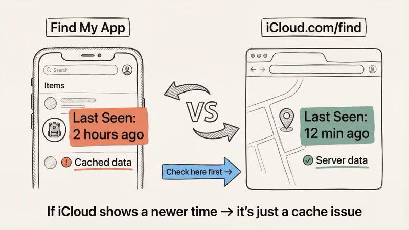 Find My app cache versus Apple server data showing stale timestamp differences