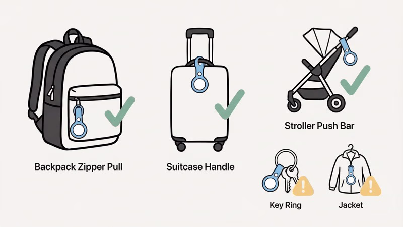 Best use cases for AirTag loop holders including luggage, backpacks, strollers, and camera bags