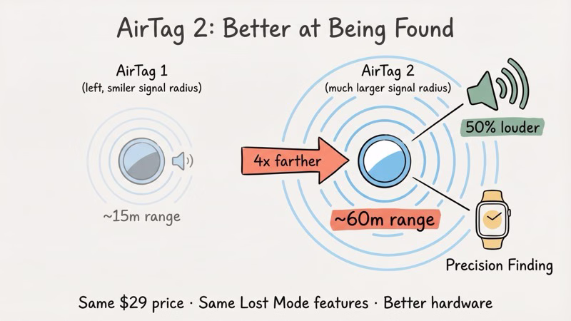 AirTag 2 Lost Mode improvements including extended Precision Finding range and louder speaker
