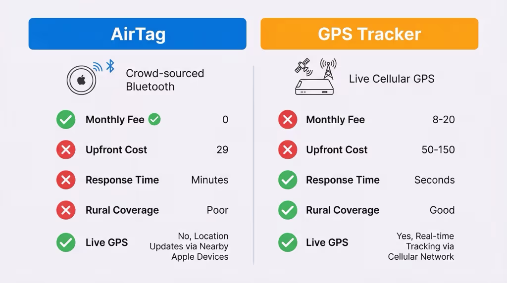 AirTag vs GPS tracker comparison for motorcycle theft recovery showing key differences