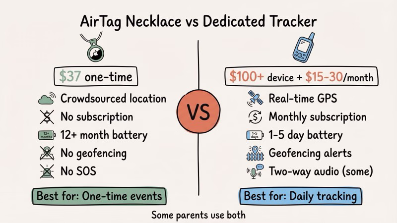 AirTag necklace versus dedicated GPS child trackers comparison of cost, features, and tracking type