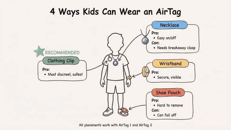 AirTag necklace placement and weight options for children and adults