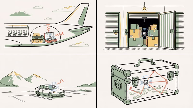 Normal scenarios where AirTag shows Not Reachable including flights, storage units, and rural areas