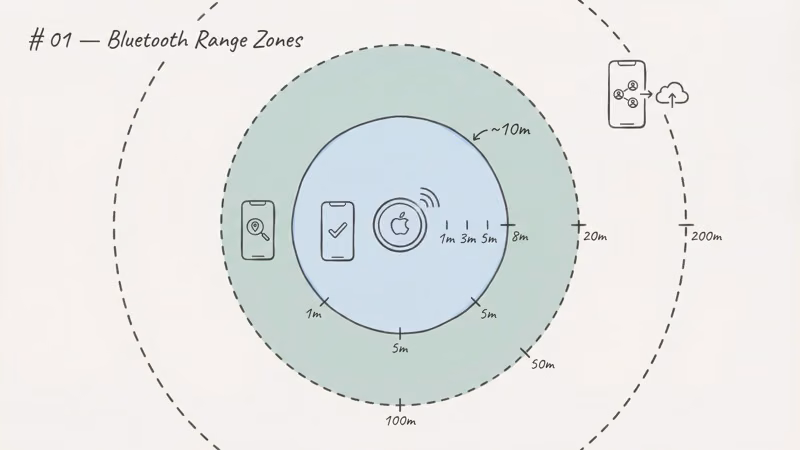 AirTag Bluetooth range diagram explaining Searching for Signal status and direct connection limits