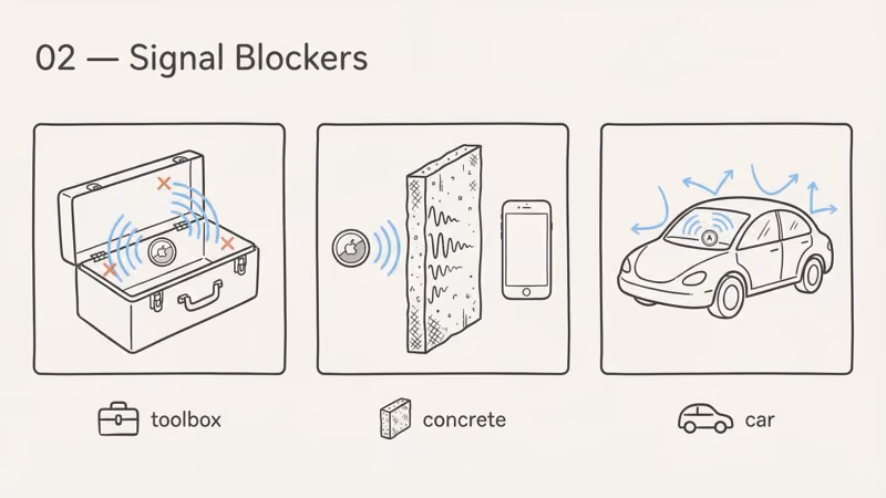 Common signal blockers that cause AirTag Searching for Signal including metal, concrete, and distance