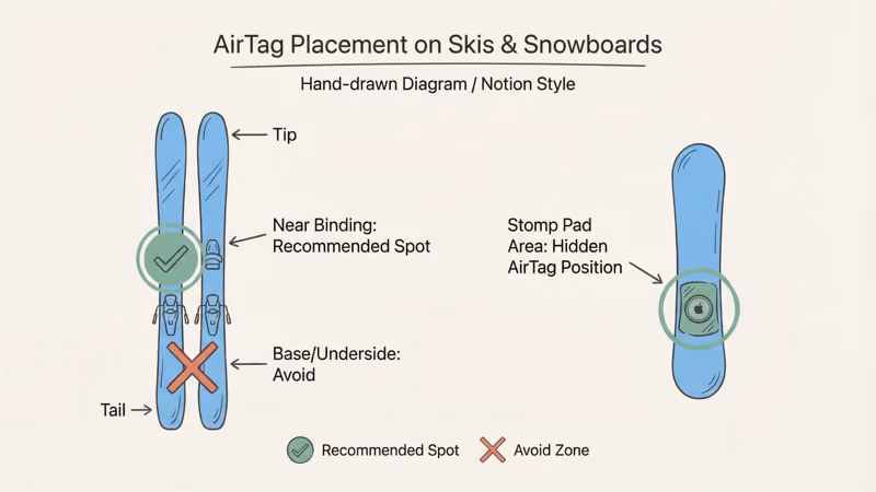 AirTag placement map on skis showing topsheet positions near tip, binding, and boot liner options