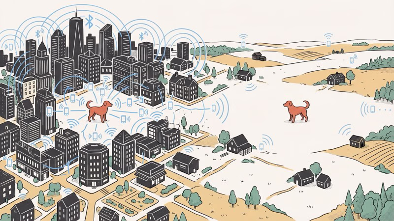 Phone compatibility comparison showing AirTag requires iPhone while ByteTag works with any smartphone