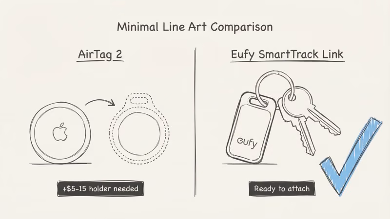 Design comparison showing Eufy built-in keychain hole vs AirTag requiring separate holder