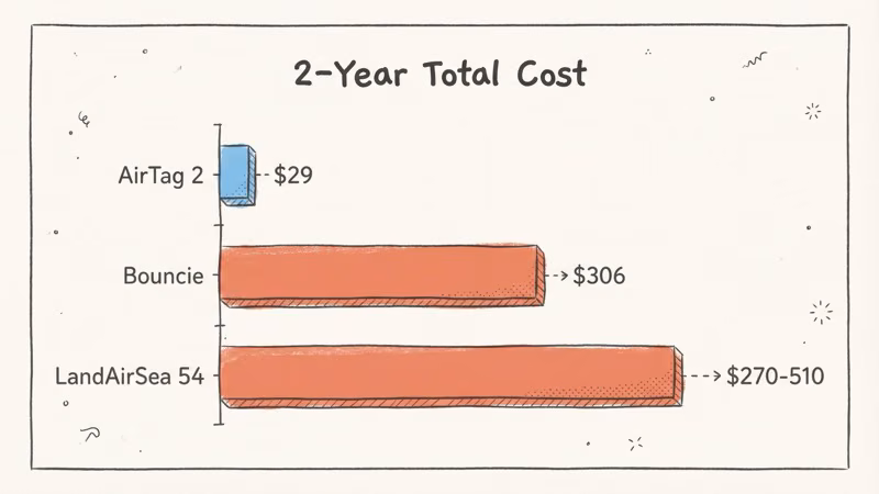 Two-year total cost comparison showing AirTag at $29 vs GPS trackers at $246 to $570