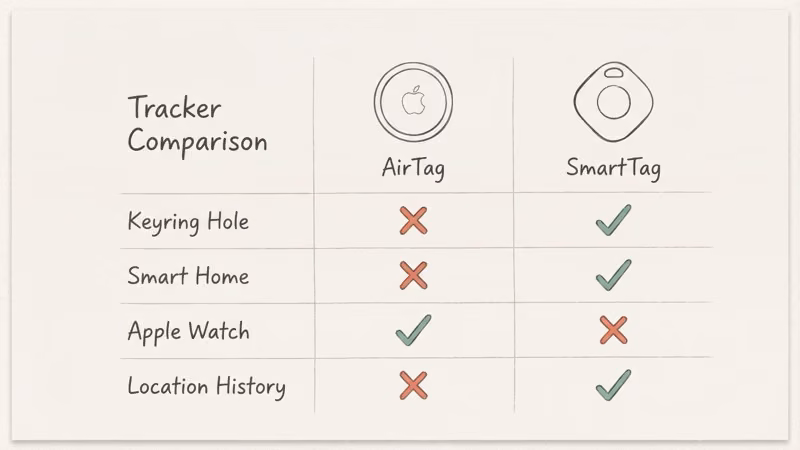 Design and feature differences: AirTag smooth disc vs SmartTag 2 with keyring hole and SmartThings button