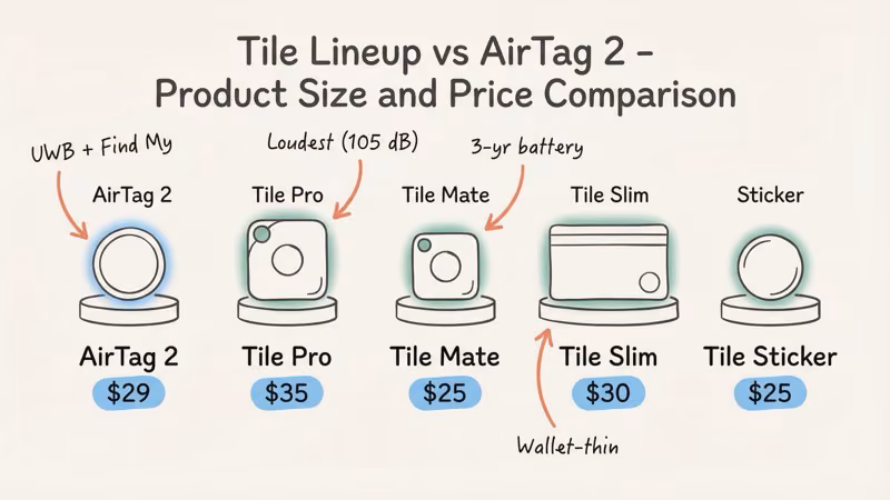 Tile tracker lineup: Pro, Mate, Slim, and Sticker models with key specs