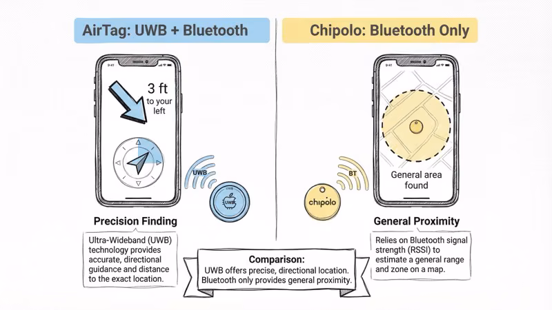 Infographic comparing AirTag UWB precision finding with directional arrows vs Chipolo Bluetooth-only general area detection