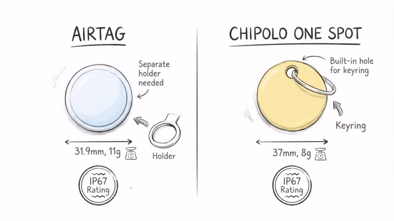 Design comparison showing AirTag solid disc at 31.9mm 11g vs Chipolo ONE Spot with keyring hole at 37mm 8g