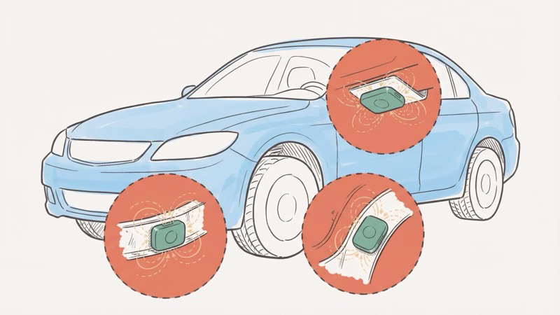 Best magnetic AirTag mounting locations on a car including bumper, wheel well, and frame