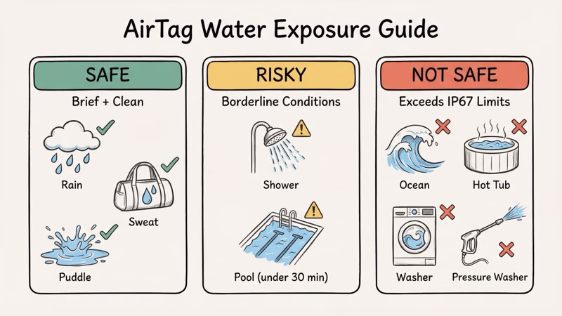 Safe versus unsafe water scenarios for AirTag including rain, pools, and ocean