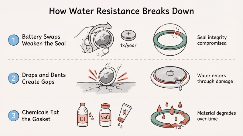 How AirTag IP67 seal degrades over time from battery swaps, drops, and chemical exposure