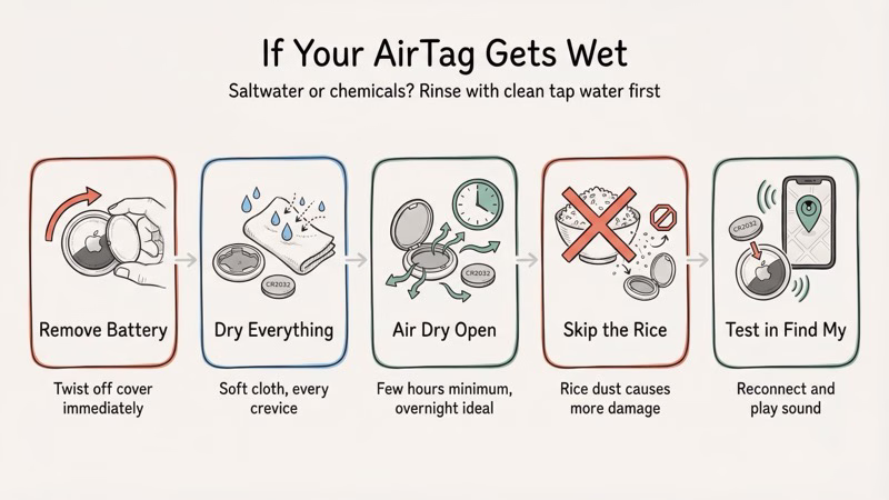 Step-by-step recovery process for a wet AirTag including battery removal and air drying