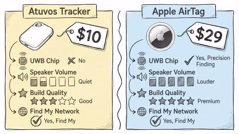Side-by-side comparison of Atuvos at $10 vs Apple AirTag at $29 showing key feature differences