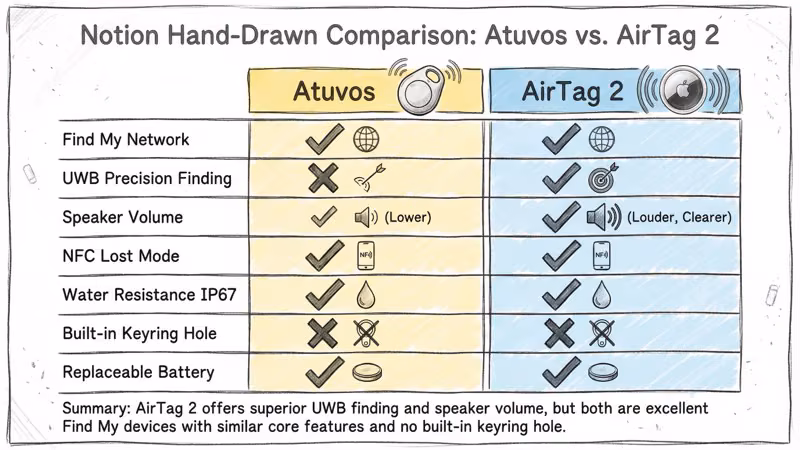 Feature comparison checklist showing Atuvos vs AirTag 2 across Find My, UWB, speaker volume, water resistance, and battery