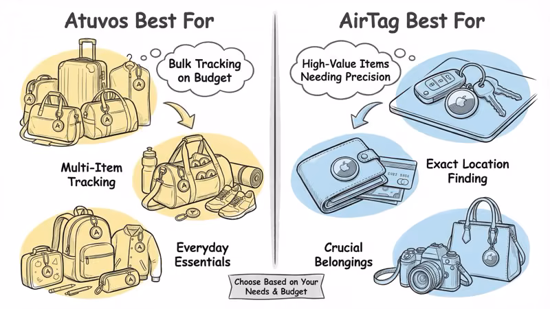 Best use cases for Atuvos (bulk tracking luggage, gym bags on budget) vs AirTag (high-value keys, wallet with precision finding)