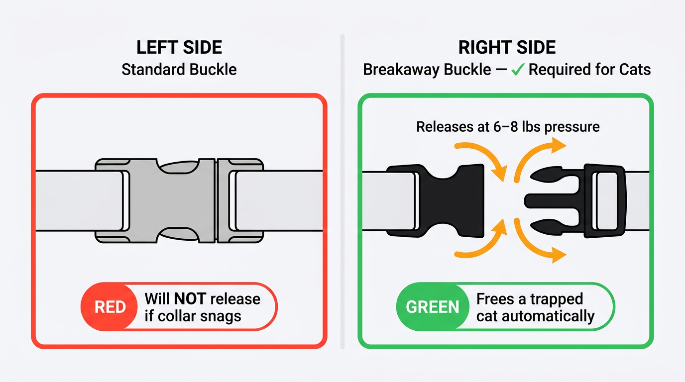 Close-up comparison of breakaway buckle vs standard buckle, with force arrows showing how breakaway mechanism works