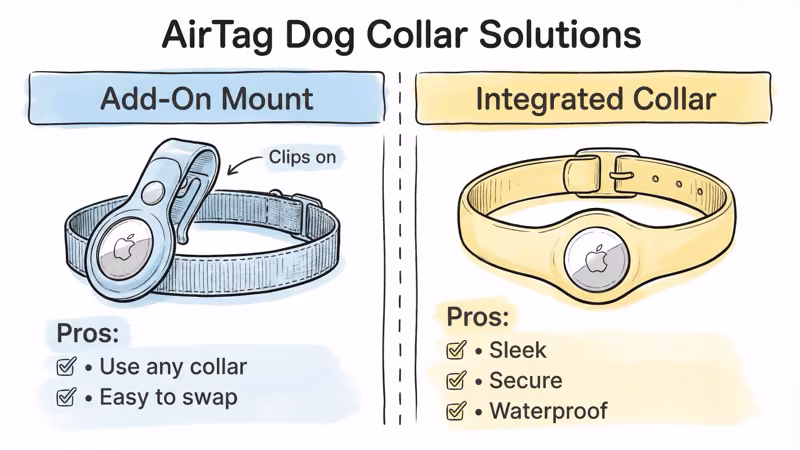Comparison of add-on AirTag collar mounts vs integrated AirTag collars showing pros of each approach