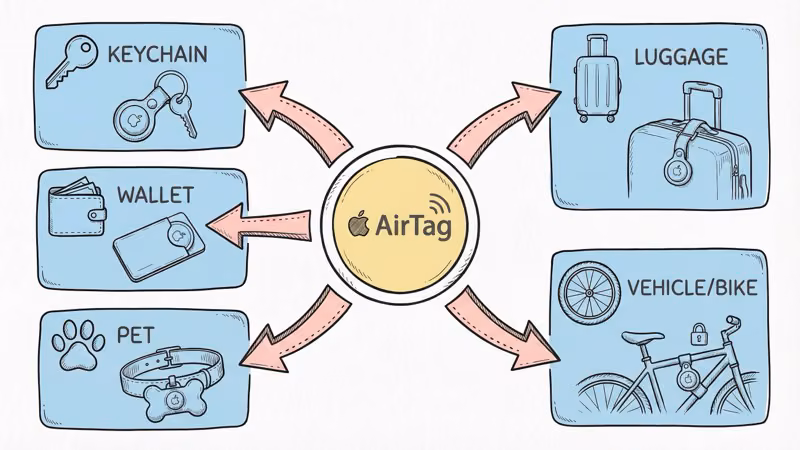 Five categories of AirTag accessories: Keychain, Wallet, Pet, Vehicle/Bike, and Luggage connected to central AirTag