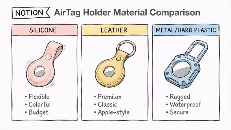 Three AirTag holder material types: Silicone (flexible, budget), Leather (premium, classic), and Metal (rugged, waterproof)