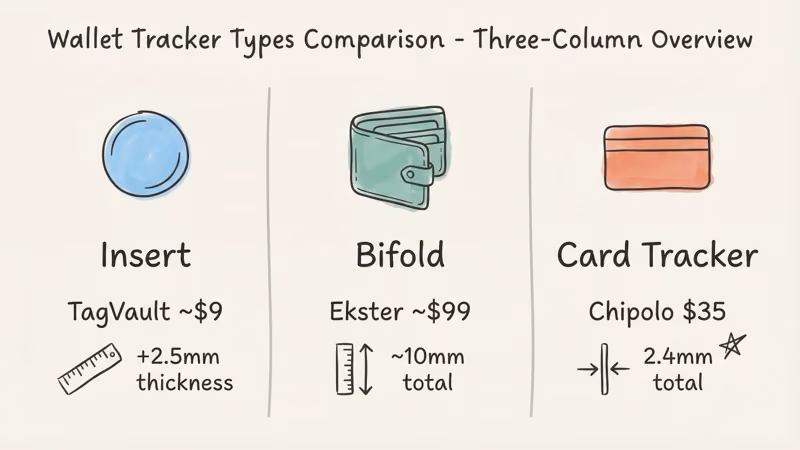 Comparison of AirTag wallet options including inserts, bifolds, and card-shaped trackers