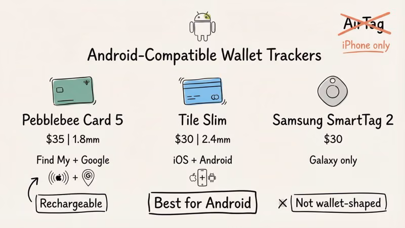 Android-compatible wallet tracker options including Tile Slim and Pebblebee Card 5