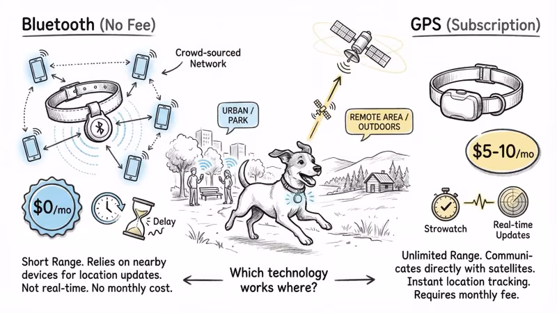 Bluetooth trackers vs GPS trackers for dogs: crowd-sourced $0/mo vs satellite-connected $5-10/mo