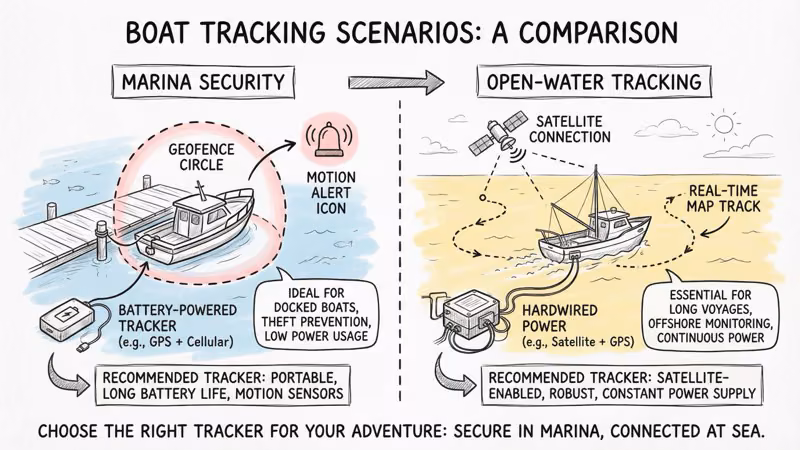 Marina security with geofence alerts and battery-powered tracker vs open-water tracking with satellite and hardwired power