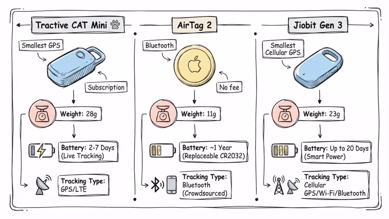 Side-by-side comparison of Tractive CAT Mini, Apple AirTag 2, and Jiobit Gen 3 cat trackers showing weight, battery life, tracking type, and monthly cost