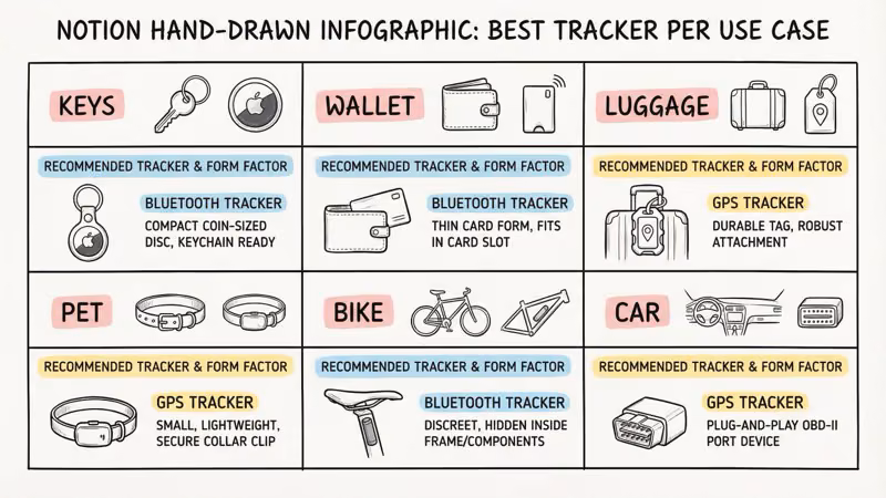 Best item tracker per use case grid showing recommended trackers for keys, wallet, luggage, backpack, and mixed-device households