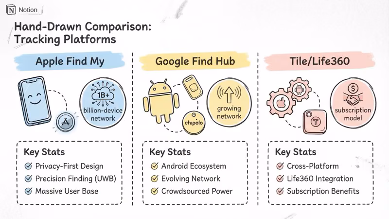 Apple Find My vs Google Find Hub vs Tile network comparison showing device count, platform compatibility, and coverage differences