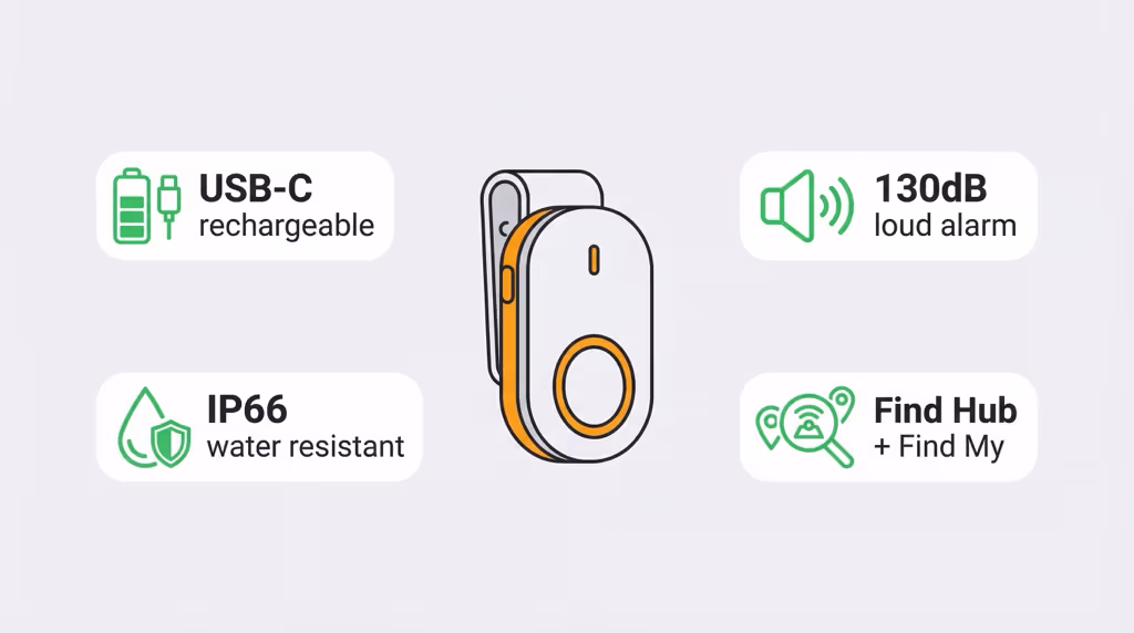 Pebblebee Clip 5 attached to a luggage handle showing its clip design and LED indicator